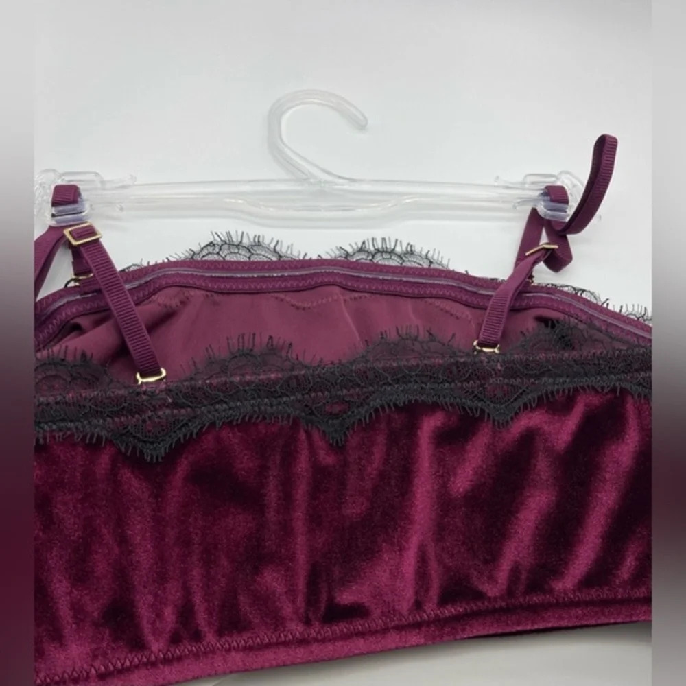 JASON WU Velour Lace Trim Bandeau Bralette, Burgundy, Large, NWT - Picture 3 of 11